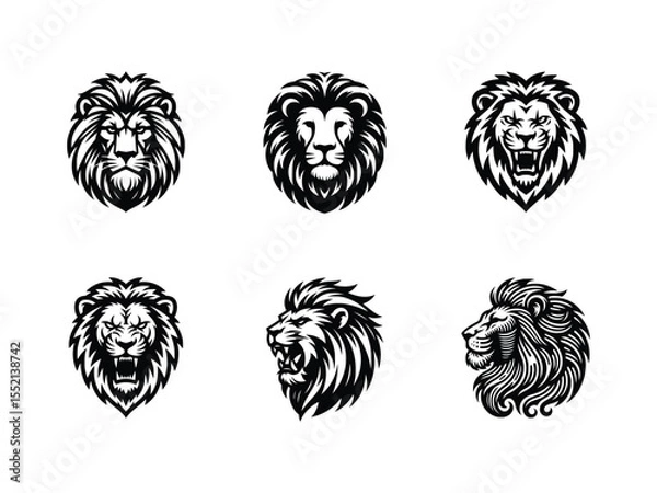 Fototapeta Wild roaring lion king head icon set. Front and side view predator face, lions heads black and white ink sketch silhouettes