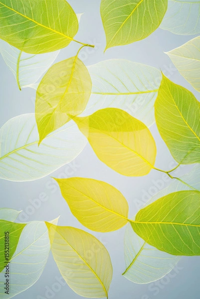 Fototapeta Fresh composition of translucent yellow and green leaves on soft blue background. For eco-friendly designs, spring or summer visuals, natural wellness concepts, or light botanical backdrops