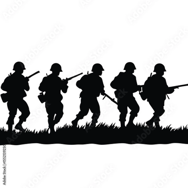 Fototapeta Five soldiers in silhouette advancing through grass