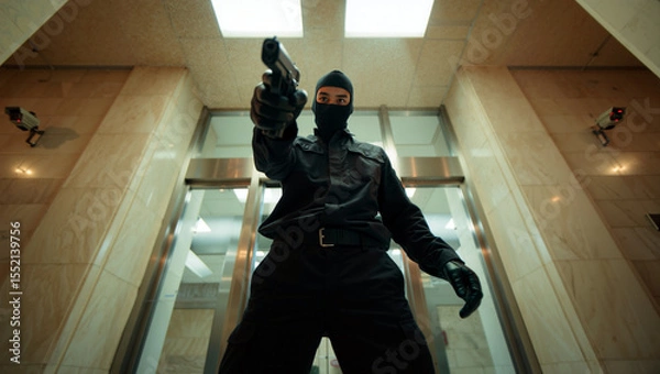 Obraz A thief dressed in black with gloves and a ski mask aims a gun while standing in a corridor of a modern building. Security cameras are visible above. Crime and robbery concept. Generative AI.