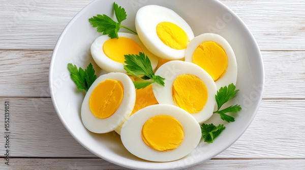 Obraz Sliced boiled eggs, decorated with parsley leaves. boiled eggs with fresh herbs