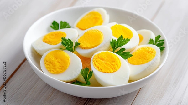 Obraz Sliced boiled eggs, decorated with parsley leaves. boiled eggs with fresh herbs