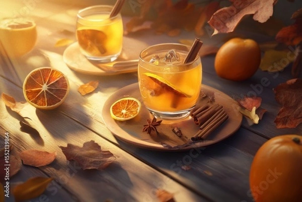 Fototapeta Autumn-themed warm apple cider with cinnamon and orange in sunlit setting