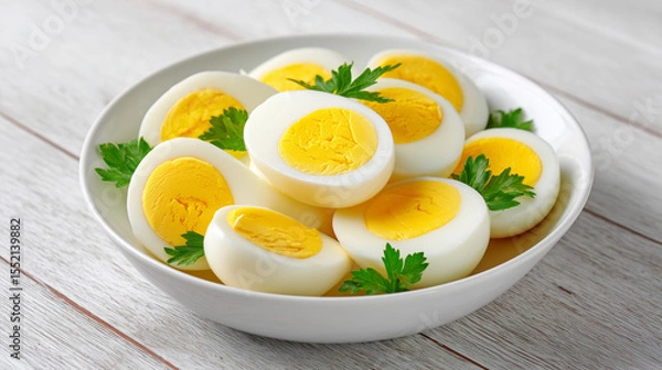 Obraz Sliced boiled eggs, decorated with parsley leaves. boiled eggs with fresh herbs