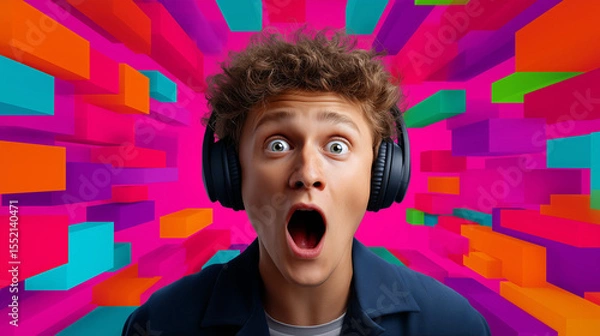 Obraz Surprised teen reacts to music in a vibrant headphone moment. portrait of a surprised young man. Shocked expression with headphones in color explosion background