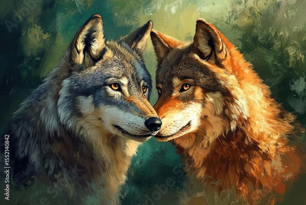 Obraz Wolves in a snowy environment display their majestic beauty and strength, representing loyalty and companionship in the wild, creating a captivating scene of animal behavior in a winter wonderland