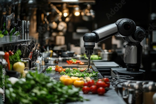 Obraz Automated kitchen setup with robotic arms preparing meals, showcasing AI-driven culinary innovation, futuristic home technology,smart cooking solutions for efficiency convenience.copy space,banner