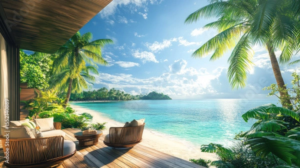 Obraz Tropical beachfront balcony with cozy seating area and panoramic ocean view, surrounded by lush greenery and palm trees, symbolizing serenity, leisure, and exotic island vacation
