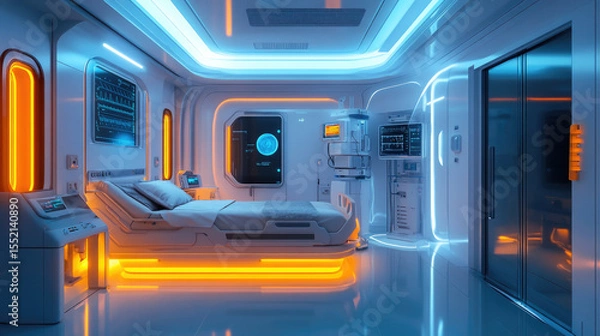 Obraz Futuristic hospital room with advanced MRI scanner and glowing blue lights, symbolizing cutting-edge diagnostic imaging technology, innovation in healthcare, and medical precision.banner.copy space