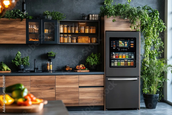 Obraz A modern smart kitchen featuring sleek smart refrigerator touchscreen display,advanced appliances,integrated home automation system,showcasing futuristic technology convenience in contemporary living