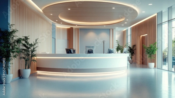 Obraz Modern hospital reception with curved front desk, natural lighting, and indoor plants, symbolizing healthcare hospitality, professionalism, and patient-first design. Banner. Copy space