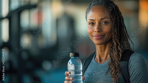 Obraz Cheerful young woman with curly hair holding a plastic water bottle in gym environment, symbolizing fitness, hydration, healthy lifestyle, and post-workout refreshment. Banner. Copy space.