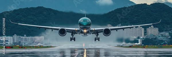 Obraz Massive commercial airliner taking off from wet runway under dramatic cloudy sky, symbolizing aviation power, global travel, airport transportation and weather conditions.banner.copy space
