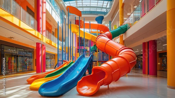 Obraz a vibrant and colorful indoor playground featuring exciting slides,climbing structures,interactive play areas,designed for children fun and adventure family-friendly shopping center,banner,copy space