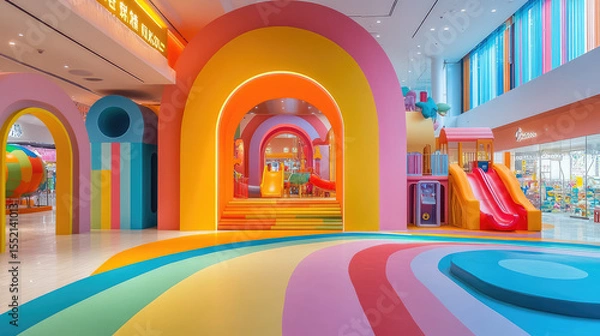 Obraz a bright and colorful minimalist children's play area with clean lines, modern design, and engaging elements, creating a safe and inviting space for fun, creativity, and exploration.banner.copy space