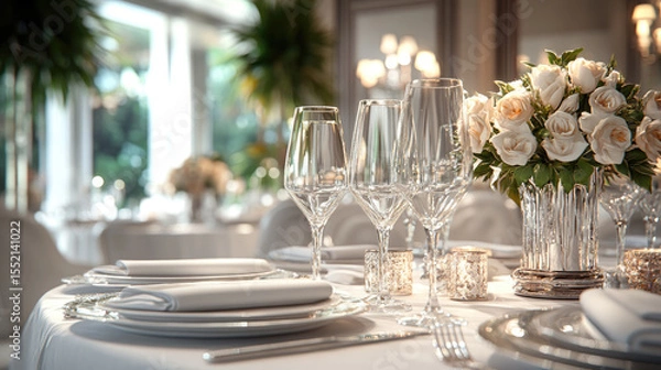 Obraz Luxury restaurant interior with classic furniture, white tablecloths, elegant table setting and warm ambient lighting. Banner with copy space