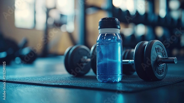 Obraz Light blue fitness drink bottle placed on textured blue mat with dumbbells in gym interior, capturing the essence of hydration, recovery, and strength-building in a healthy workout lifestyle.