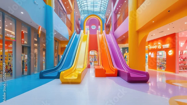 Obraz a vibrant and colorful indoor playground featuring exciting slides,climbing structures,interactive play areas,designed for children fun and adventure family-friendly shopping center,banner,copy space