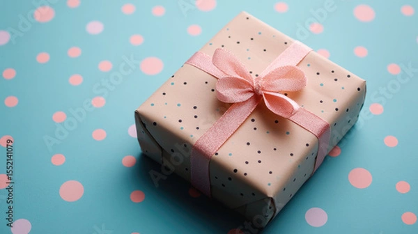 Obraz Small gift box wrapped in pastel polka dot paper with delicate pink ribbon bow, on colorful background, symbolizing playful celebration, birthday surprise, cheerful design.mock up, banner.copy space