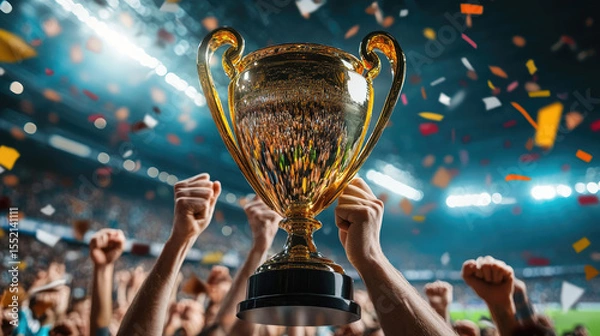 Obraz The golden Champions Cup held high in male hands against a stadium grandstand background, with falling confetti and team celebration. Concept of victory, triumph,sports competition. Banner, copy space
