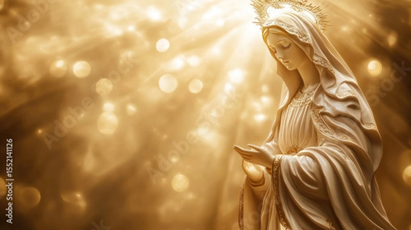 Obraz White statue of the Blessed Virgin Mary illuminated by golden divine light, symbolizing the Assumption into heaven, holiness, purity, and spiritual grace, with space for religious or sacred text