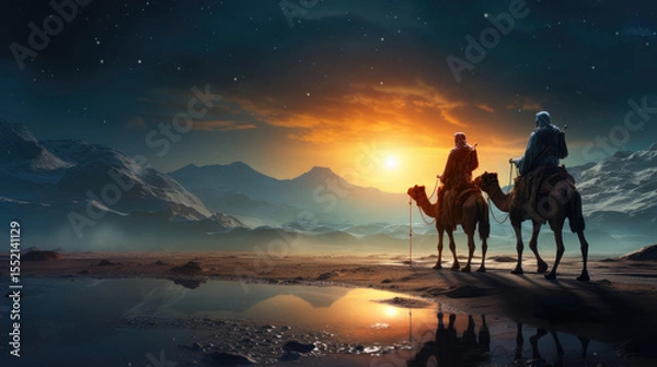 Obraz Three Wise Men riding camels through desert at sunrise, following the Star of Bethlehem, symbolizing journey of faith, hope, and ancient tradition of Christmas nativity story