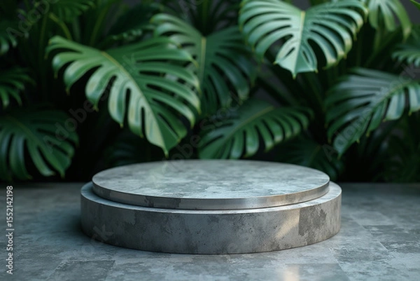 Obraz Round titanium tile podium with detailed texture, set against lush Monstera leaf forest background