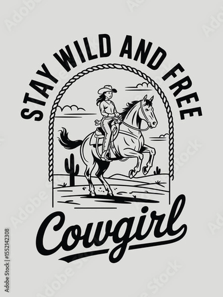 Fototapeta Rustic Cowgirl Western Artwork – Black and White Dynamic Linework, Horse and Rider in Desert, Arched “Stay Wild and Free” Text, Flowing Script, Vintage Style with Hand-Drawn Quality