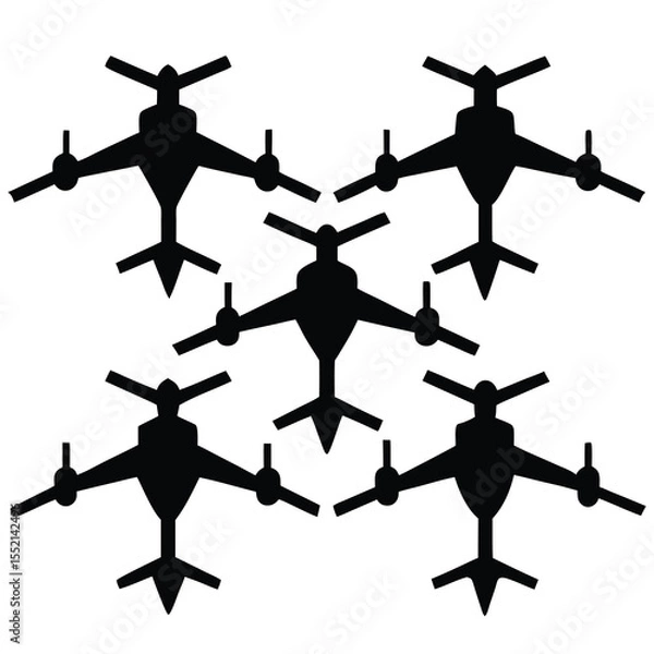 Fototapeta Six Black Silhouette Drones Arranged in a Pattern white