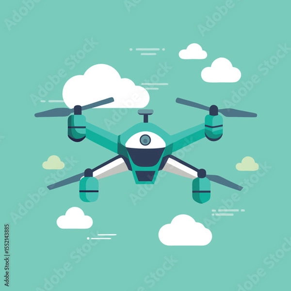 Fototapeta Teal drone with camera flying in sky with clouds quadcopter