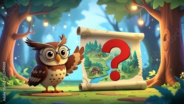 Obraz Charming Owl with Mysterious Forest Map: Whimsical, 3D-Rendered Illustration, Adventure Concept