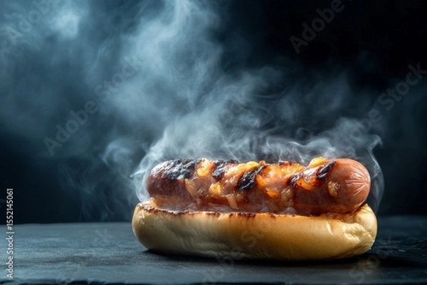 Fototapeta Steaming grilled hot dog with onions on a bun against dark background