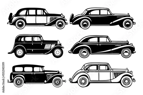 Fototapeta Classic Automobile Collection: A striking black-and-white illustration showcasing a collection of elegant classic cars.