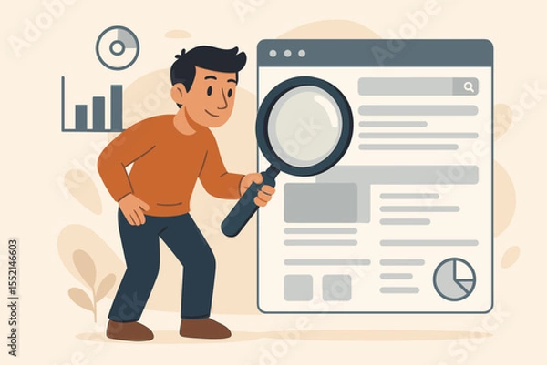 Fototapeta Cartoon man with magnifying glass searching data online. Web page analysis, internet research, information discovery, SEO audit, website analytics, digital investigation, infographic