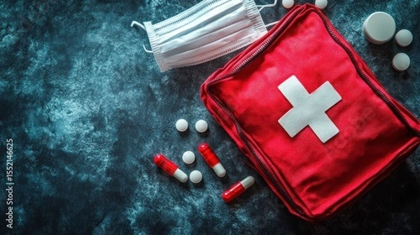Fototapeta First aid kit with assorted medications and a face mask.