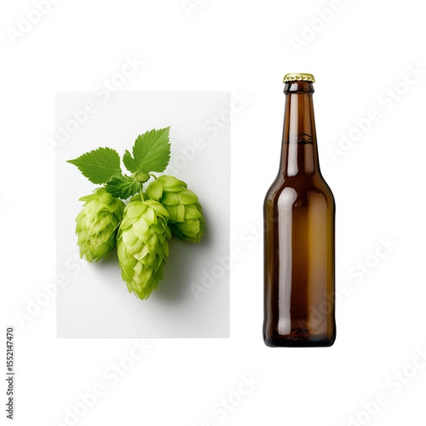 Obraz Flat lay of a hop cone and craft beer label mockup elements isolated on transparent background