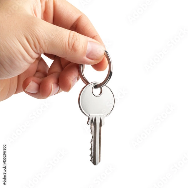 Fototapeta Close-Up of Male Hand Holding a Shiny Silver Key by the Ring, Realistic Lighting – Isolated on Transparent Background