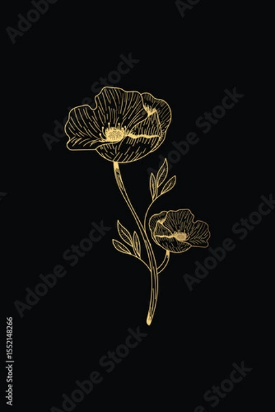 Fototapeta Luxury dark art black background with flowers in golden line style. Set of hand drawn vector botanical posters for print design, wallpapers, decor, interior design, invitations