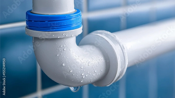 Obraz Close-up of white PVC plumbing pipe with water leak and condensation