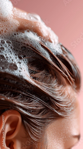 Obraz Close-up of hair being washed with shampoo, foamy clean bubbles