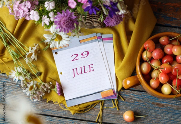 Fototapeta Calendar for July 29: flip calendar with numbers 29, name of the month July in English on a yellow napkin with wild flowers and ripe cherries