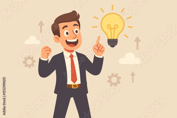 Obraz Businessman excited about a new creative idea. Happy cartoon entrepreneur pointing at a lightbulb. Concept of innovation, project development, business solution, startup success.