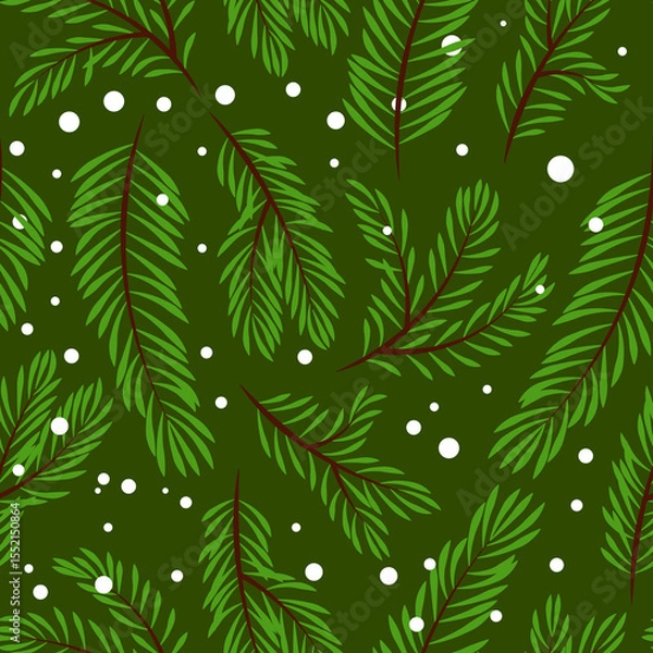 Fototapeta Seamless vector pattern of green fir tree branches and snow on a dark green background