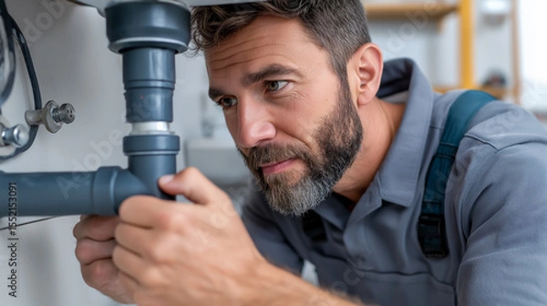 Obraz Plumber working on gray PVC pipe under sink during repair job