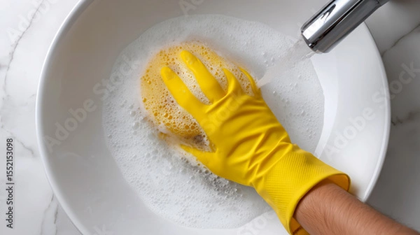 Obraz Hand in yellow glove scrubbing white ceramic sink with soap suds