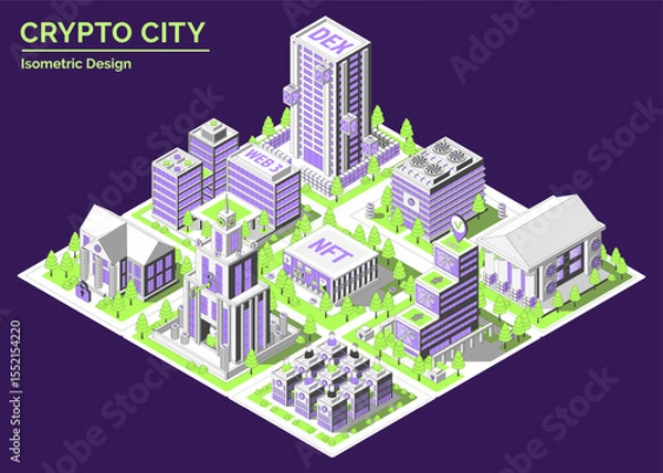 Fototapeta Cartoon Color Building Architecture Office Area Landscape Crypto City Concept 3d Isometric View Line Elements. Vector illustration