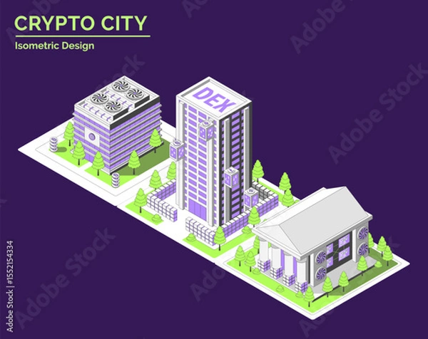Fototapeta Cartoon Color Mining Farm, Blockchain Museum and DEX Building Crypto City Concept 3d Isometric View Line Elements. Vector illustration