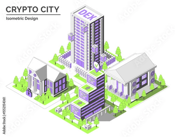 Fototapeta Cartoon Color Smart Contract Hub, Bank, Blockchain Museum and DEX Building Crypto City Concept 3d Isometric View Line Elements. Vector illustration