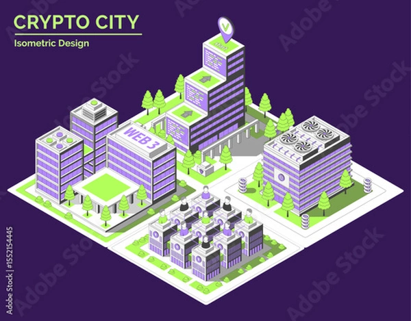 Fototapeta Cartoon Color Smart Contract Hub, Startup Coworking, DAO Office and Mining Farm Building Crypto City Concept 3d Isometric View Line Elements. Vector illustration
