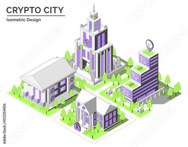 Fototapeta Cartoon Wallet Company, Smart Contract Hub, Blockchain Museum and Bank Building Crypto City Concept 3d Isometric View Line Elements. Vector illustration